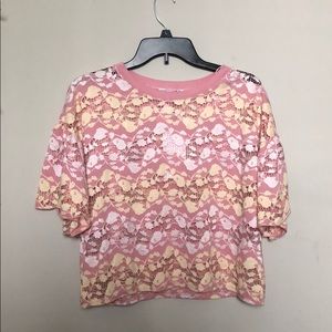 zara pink and yellow mesh and lace top